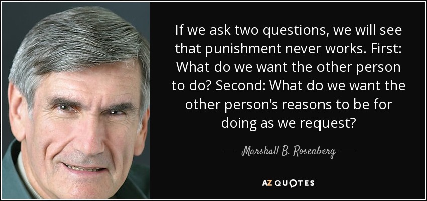If we ask two questions, we will see that punishment never works. First: What do we want the other person to do? Second: What do we want the other person's reasons to be for doing as we request? - Marshall B. Rosenberg