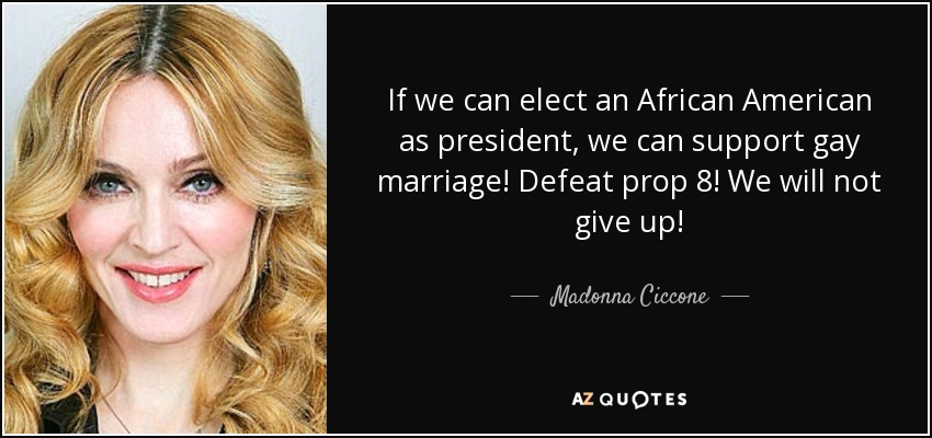 If we can elect an African American as president, we can support gay marriage! Defeat prop 8! We will not give up! - Madonna Ciccone