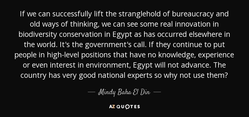 If we can successfully lift the stranglehold of bureaucracy and old ways of thinking, we can see some real innovation in biodiversity conservation in Egypt as has occurred elsewhere in the world. It's the government's call. If they continue to put people in high-level positions that have no knowledge, experience or even interest in environment, Egypt will not advance. The country has very good national experts so why not use them? - Mindy Baha El Din