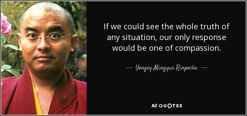 If we could see the whole truth of any situation, our only response would be one of compassion. - Yongey Mingyur Rinpoche