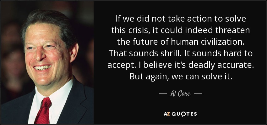 If we did not take action to solve this crisis, it could indeed threaten the future of human civilization. That sounds shrill. It sounds hard to accept. I believe it's deadly accurate. But again, we can solve it. - Al Gore