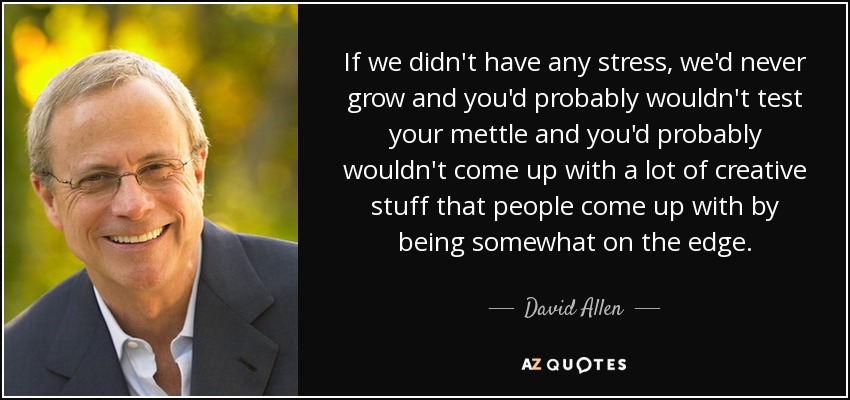 If we didn't have any stress, we'd never grow and you'd probably wouldn't test your mettle and you'd probably wouldn't come up with a lot of creative stuff that people come up with by being somewhat on the edge. - David Allen