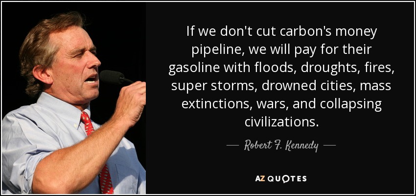 If we don't cut carbon's money pipeline, we will pay for their gasoline with floods, droughts, fires, super storms, drowned cities, mass extinctions, wars, and collapsing civilizations. - Robert F. Kennedy, Jr.