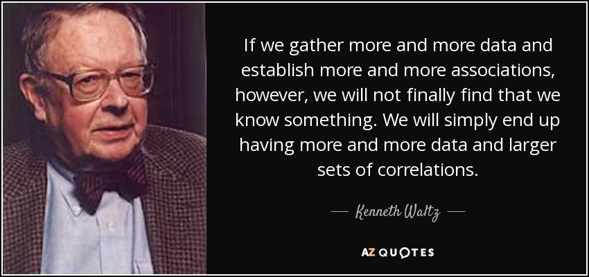 If we gather more and more data and establish more and more associations, however, we will not finally find that we know something. We will simply end up having more and more data and larger sets of correlations. - Kenneth Waltz