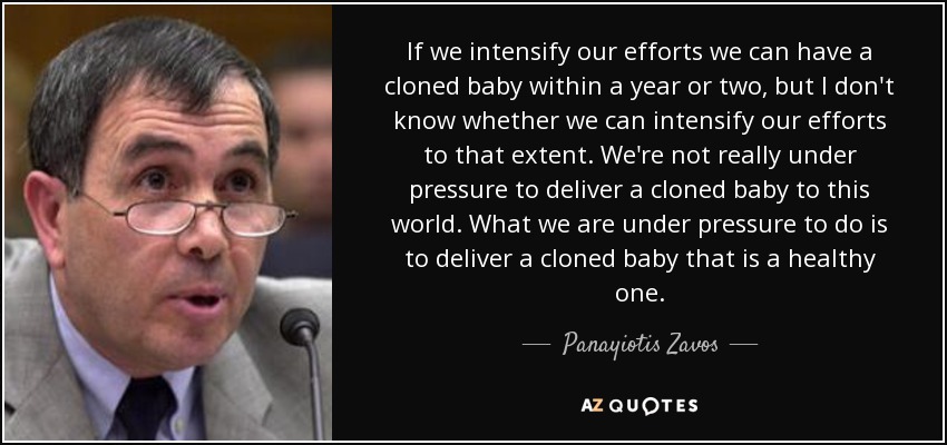 If we intensify our efforts we can have a cloned baby within a year or two, but I don't know whether we can intensify our efforts to that extent. We're not really under pressure to deliver a cloned baby to this world. What we are under pressure to do is to deliver a cloned baby that is a healthy one. - Panayiotis Zavos