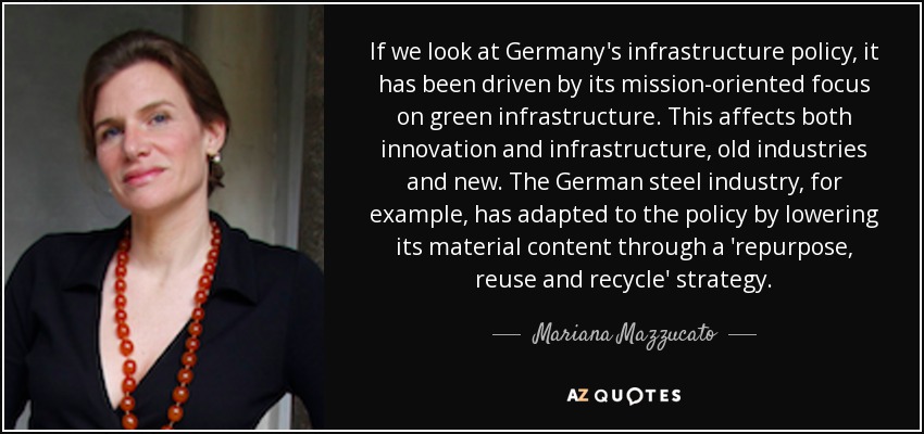 If we look at Germany's infrastructure policy, it has been driven by its mission-oriented focus on green infrastructure. This affects both innovation and infrastructure, old industries and new. The German steel industry, for example, has adapted to the policy by lowering its material content through a 'repurpose, reuse and recycle' strategy. - Mariana Mazzucato