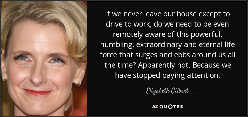 If we never leave our house except to drive to work, do we need to be even remotely aware of this powerful, humbling, extraordinary and eternal life force that surges and ebbs around us all the time? Apparently not. Because we have stopped paying attention. - Elizabeth Gilbert