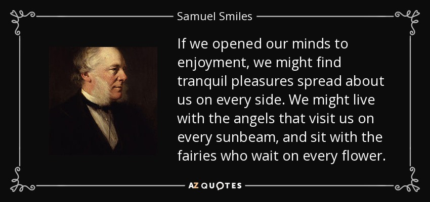 If we opened our minds to enjoyment, we might find tranquil pleasures spread about us on every side. We might live with the angels that visit us on every sunbeam, and sit with the fairies who wait on every flower. - Samuel Smiles