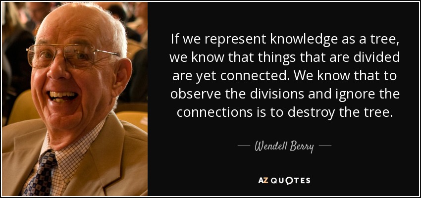 If we represent knowledge as a tree, we know that things that are divided are yet connected. We know that to observe the divisions and ignore the connections is to destroy the tree. - Wendell Berry