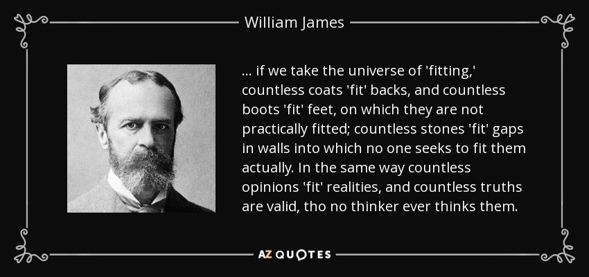 ... if we take the universe of 'fitting,' countless coats 'fit' backs, and countless boots 'fit' feet, on which they are not practically fitted; countless stones 'fit' gaps in walls into which no one seeks to fit them actually. In the same way countless opinions 'fit' realities, and countless truths are valid, tho no thinker ever thinks them. - William James