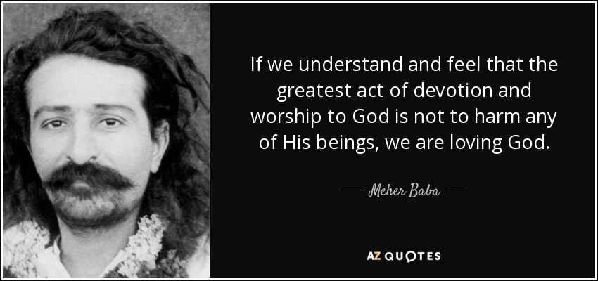 If we understand and feel that the greatest act of devotion and worship to God is not to harm any of His beings, we are loving God. - Meher Baba