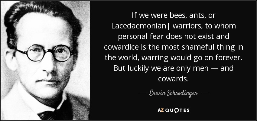 If we were bees, ants, or Lacedaemonian| warriors, to whom personal fear does not exist and cowardice is the most shameful thing in the world, warring would go on forever. But luckily we are only men — and cowards. - Erwin Schrodinger