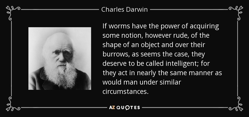 If worms have the power of acquiring some notion, however rude, of the shape of an object and over their burrows, as seems the case, they deserve to be called intelligent; for they act in nearly the same manner as would man under similar circumstances. - Charles Darwin