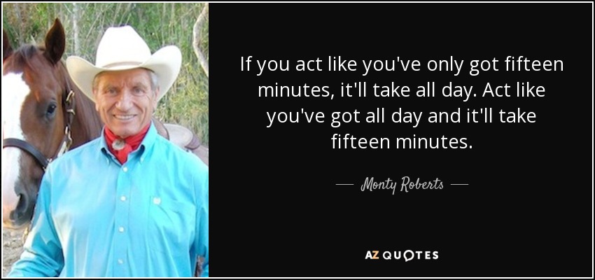 If you act like you've only got fifteen minutes, it'll take all day. Act like you've got all day and it'll take fifteen minutes. - Monty Roberts