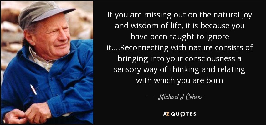 If you are missing out on the natural joy and wisdom of life, it is because you have been taught to ignore it....Reconnecting with nature consists of bringing into your consciousness a sensory way of thinking and relating with which you are born - Michael J Cohen