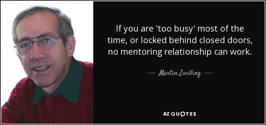 If you are 'too busy' most of the time, or locked behind closed doors, no mentoring relationship can work. - Martin Zwilling