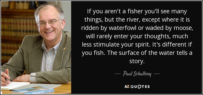 If you aren't a fisher you'll see many things, but the river, except where it is ridden by waterfowl or waded by moose, will rarely enter your thoughts, much less stimulate your spirit. It's different if you fish. The surface of the water tells a story. - Paul Schullery