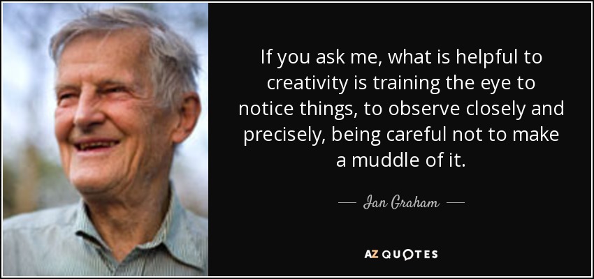 If you ask me, what is helpful to creativity is training the eye to notice things, to observe closely and precisely, being careful not to make a muddle of it. - Ian Graham