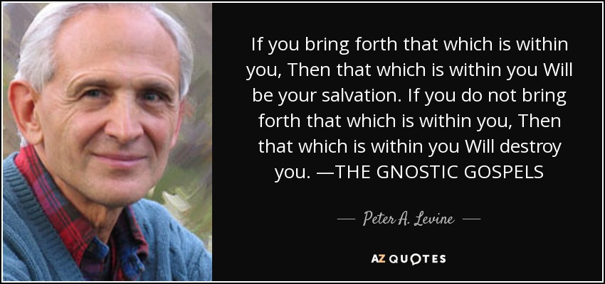 If you bring forth that which is within you, Then that which is within you Will be your salvation. If you do not bring forth that which is within you, Then that which is within you Will destroy you. —THE GNOSTIC GOSPELS - Peter A. Levine