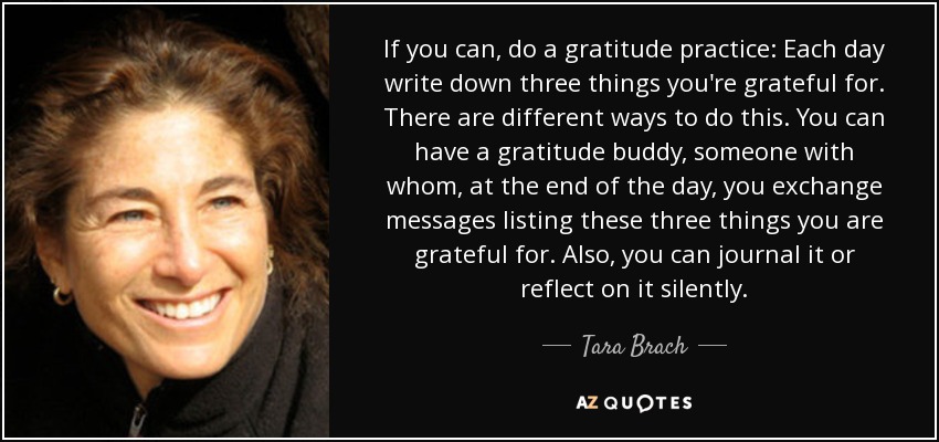 If you can, do a gratitude practice: Each day write down three things you're grateful for. There are different ways to do this. You can have a gratitude buddy, someone with whom, at the end of the day, you exchange messages listing these three things you are grateful for. Also, you can journal it or reflect on it silently. - Tara Brach