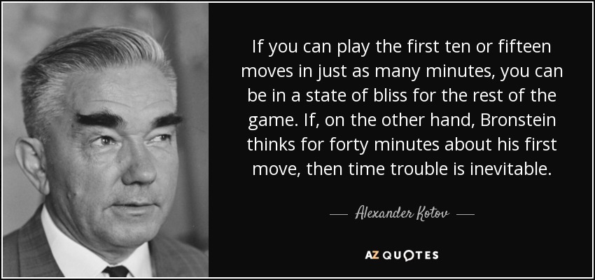 If you can play the first ten or fifteen moves in just as many minutes, you can be in a state of bliss for the rest of the game. If, on the other hand, Bronstein thinks for forty minutes about his first move, then time trouble is inevitable. - Alexander Kotov