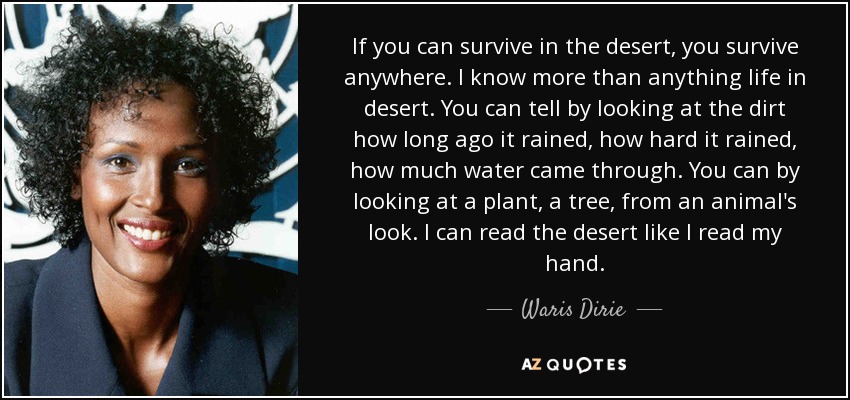 If you can survive in the desert, you survive anywhere. I know more than anything life in desert. You can tell by looking at the dirt how long ago it rained, how hard it rained, how much water came through. You can by looking at a plant, a tree, from an animal's look. I can read the desert like I read my hand. - Waris Dirie