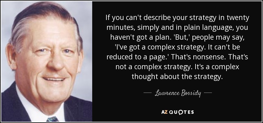 If you can't describe your strategy in twenty minutes, simply and in plain language, you haven't got a plan. 'But,' people may say, 'I've got a complex strategy. It can't be reduced to a page.' That's nonsense. That's not a complex strategy. It's a complex thought about the strategy. - Lawrence Bossidy