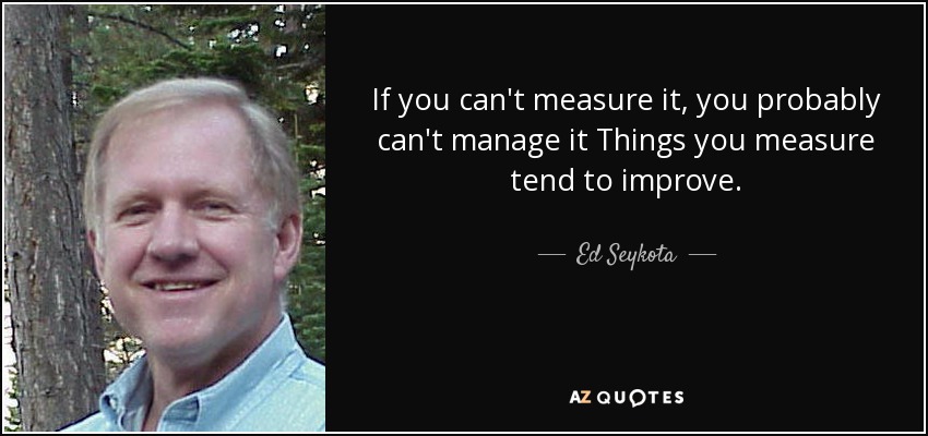 If you can't measure it, you probably can't manage it Things you measure tend to improve. - Ed Seykota