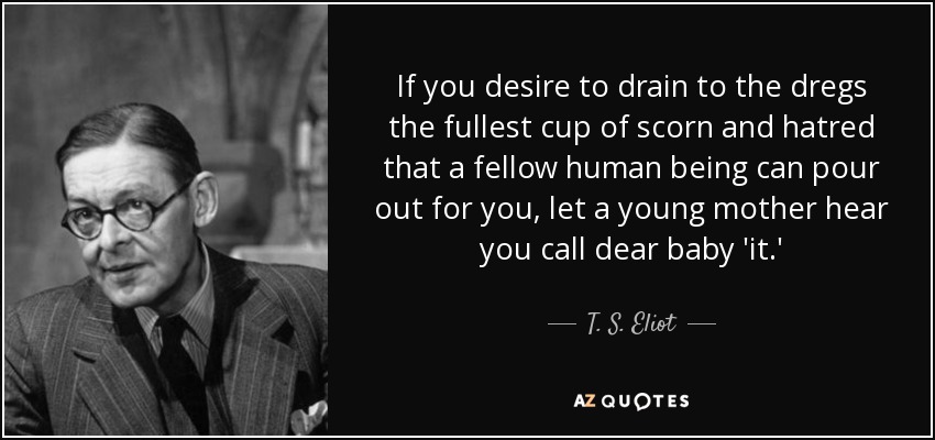 If you desire to drain to the dregs the fullest cup of scorn and hatred that a fellow human being can pour out for you, let a young mother hear you call dear baby 'it.' - T. S. Eliot