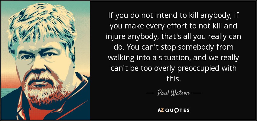 If you do not intend to kill anybody, if you make every effort to not kill and injure anybody, that's all you really can do. You can't stop somebody from walking into a situation, and we really can't be too overly preoccupied with this. - Paul Watson