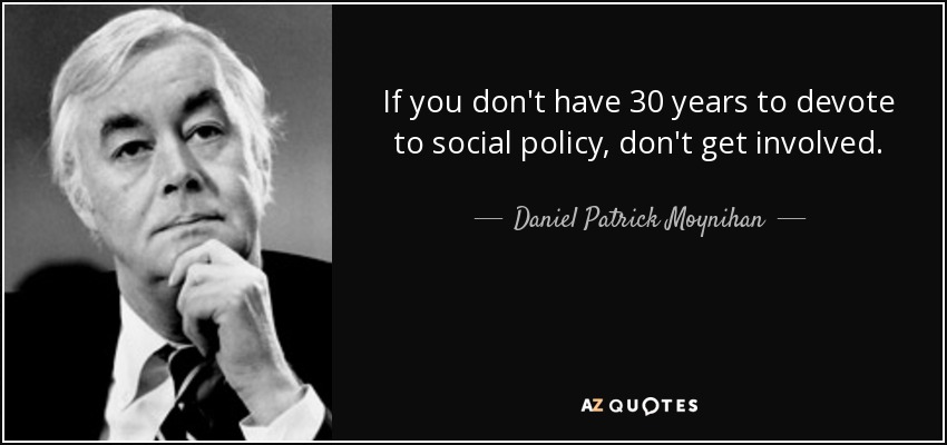 If you don't have 30 years to devote to social policy, don't get involved. - Daniel Patrick Moynihan