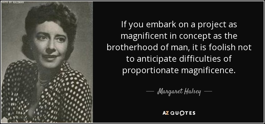 If you embark on a project as magnificent in concept as the brotherhood of man, it is foolish not to anticipate difficulties of proportionate magnificence. - Margaret Halsey