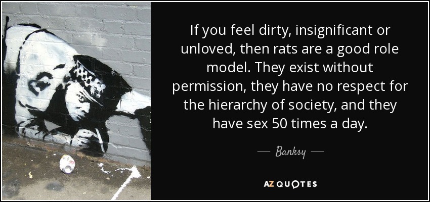 If you feel dirty, insignificant or unloved, then rats are a good role model. They exist without permission, they have no respect for the hierarchy of society, and they have sex 50 times a day. - Banksy