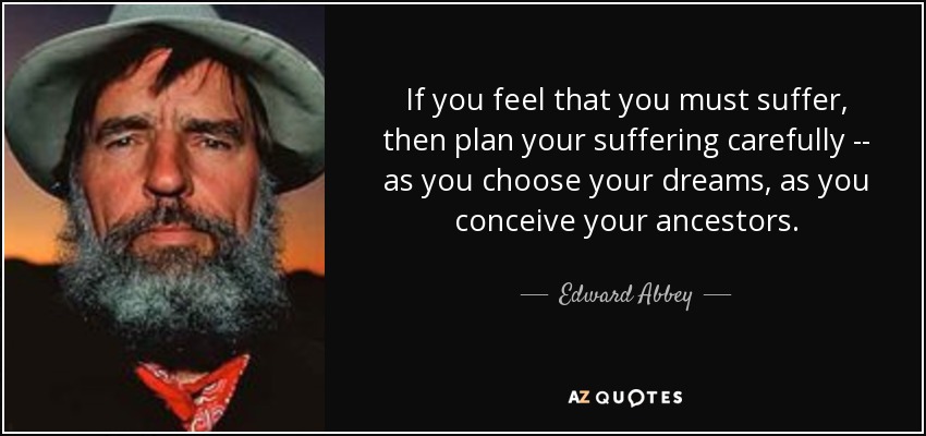 If you feel that you must suffer, then plan your suffering carefully -- as you choose your dreams, as you conceive your ancestors. - Edward Abbey