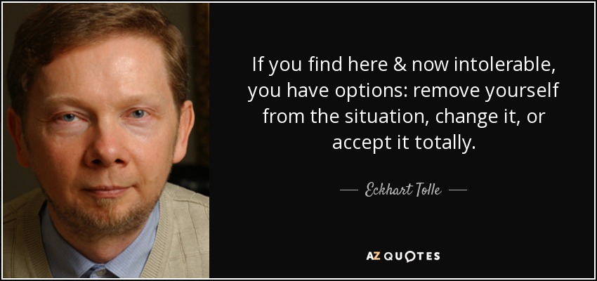 If you find here & now intolerable, you have options: remove yourself from the situation, change it, or accept it totally. - Eckhart Tolle