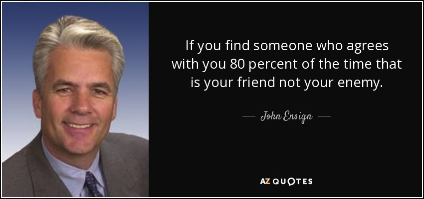 If you find someone who agrees with you 80 percent of the time that is your friend not your enemy. - John Ensign