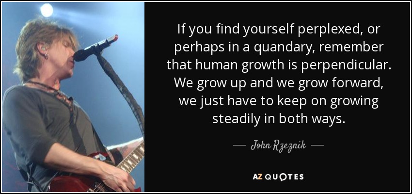 If you find yourself perplexed, or perhaps in a quandary, remember that human growth is perpendicular. We grow up and we grow forward, we just have to keep on growing steadily in both ways. - John Rzeznik