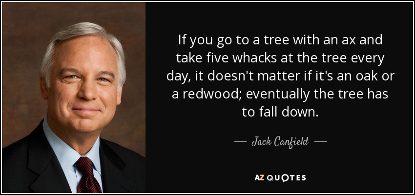 If you go to a tree with an ax and take five whacks at the tree every day, it doesn't matter if it's an oak or a redwood; eventually the tree has to fall down. - Jack Canfield