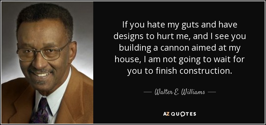 If you hate my guts and have designs to hurt me, and I see you building a cannon aimed at my house, I am not going to wait for you to finish construction. - Walter E. Williams