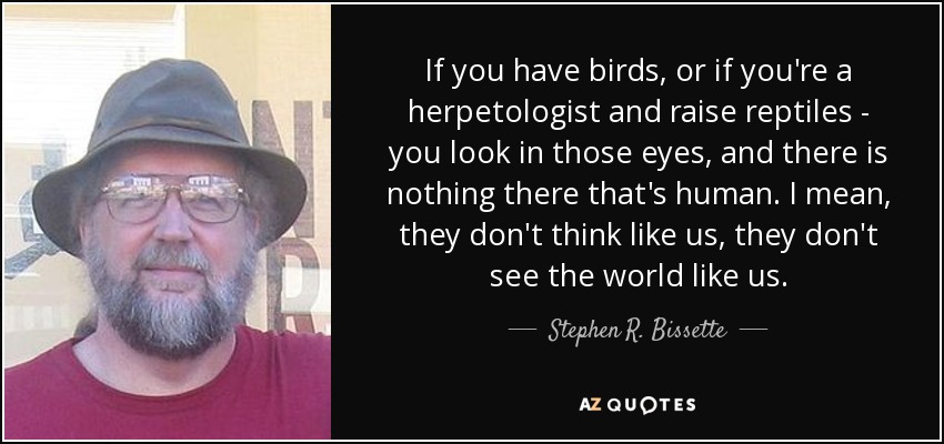 If you have birds, or if you're a herpetologist and raise reptiles - you look in those eyes, and there is nothing there that's human. I mean, they don't think like us, they don't see the world like us. - Stephen R. Bissette