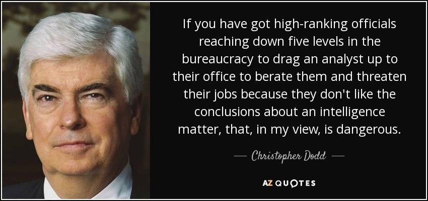 If you have got high-ranking officials reaching down five levels in the bureaucracy to drag an analyst up to their office to berate them and threaten their jobs because they don't like the conclusions about an intelligence matter, that, in my view, is dangerous. - Christopher Dodd