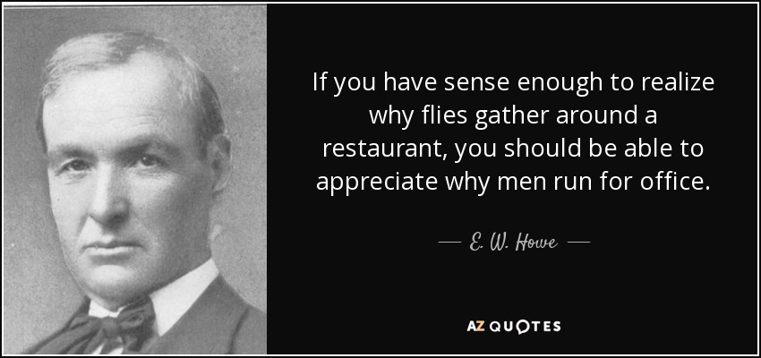 If you have sense enough to realize why flies gather around a restaurant, you should be able to appreciate why men run for office. - E. W. Howe