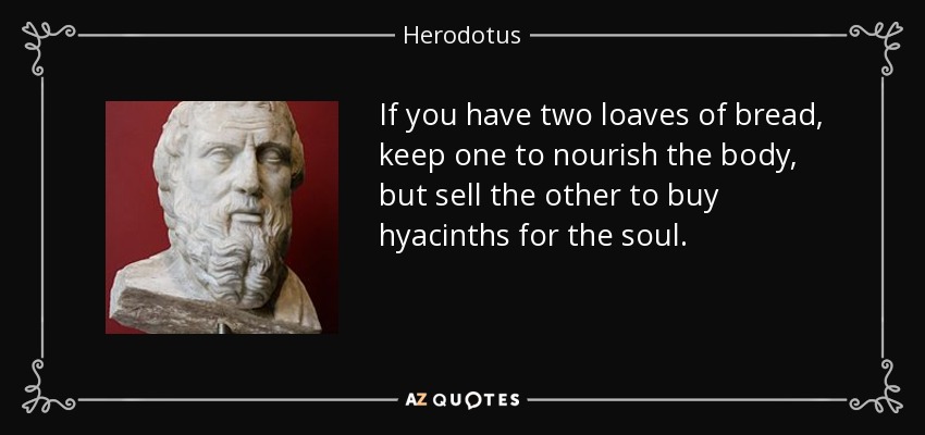 If you have two loaves of bread, keep one to nourish the body, but sell the other to buy hyacinths for the soul. - Herodotus