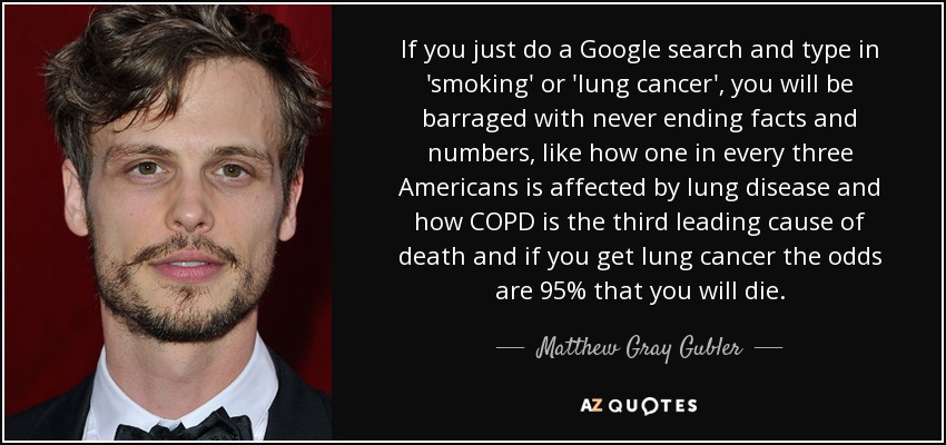 If you just do a Google search and type in 'smoking' or 'lung cancer', you will be barraged with never ending facts and numbers, like how one in every three Americans is affected by lung disease and how COPD is the third leading cause of death and if you get lung cancer the odds are 95% that you will die. - Matthew Gray Gubler