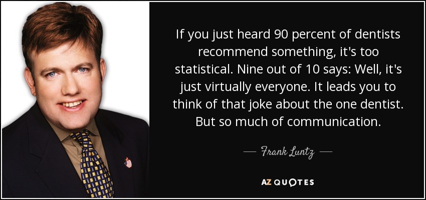 If you just heard 90 percent of dentists recommend something, it's too statistical. Nine out of 10 says: Well, it's just virtually everyone. It leads you to think of that joke about the one dentist. But so much of communication. - Frank Luntz
