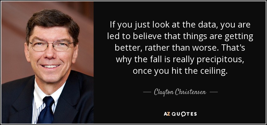 If you just look at the data, you are led to believe that things are getting better, rather than worse. That's why the fall is really precipitous, once you hit the ceiling. - Clayton Christensen