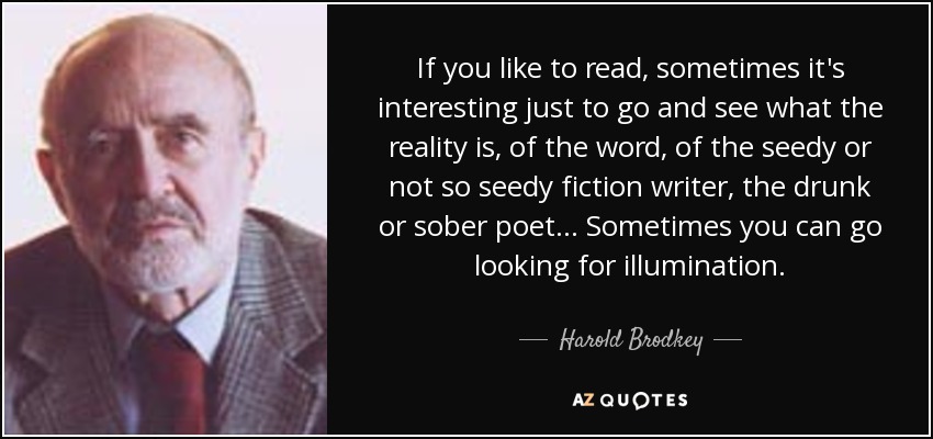 If you like to read, sometimes it's interesting just to go and see what the reality is, of the word, of the seedy or not so seedy fiction writer, the drunk or sober poet... Sometimes you can go looking for illumination. - Harold Brodkey