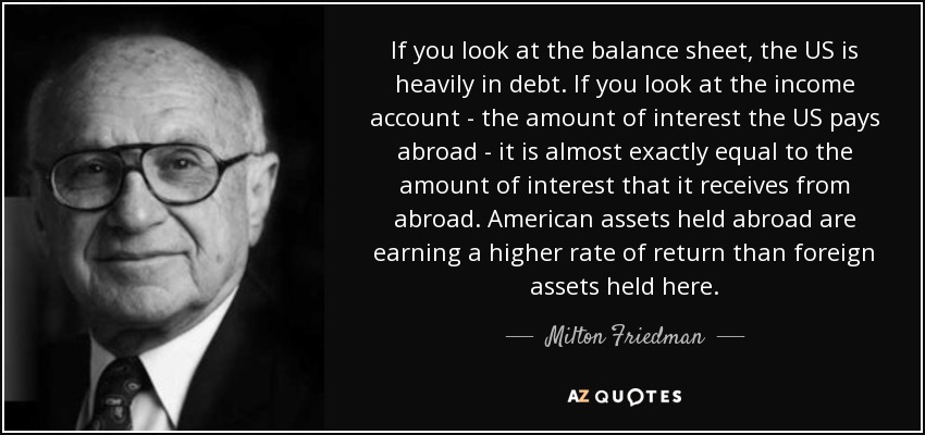 If you look at the balance sheet, the US is heavily in debt. If you look at the income account - the amount of interest the US pays abroad - it is almost exactly equal to the amount of interest that it receives from abroad. American assets held abroad are earning a higher rate of return than foreign assets held here. - Milton Friedman