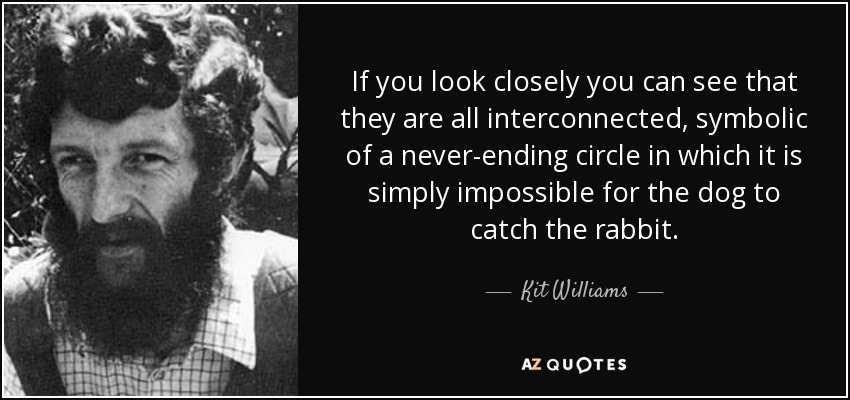 If you look closely you can see that they are all interconnected, symbolic of a never-ending circle in which it is simply impossible for the dog to catch the rabbit. - Kit Williams