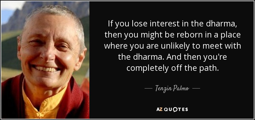 If you lose interest in the dharma, then you might be reborn in a place where you are unlikely to meet with the dharma. And then you're completely off the path. - Tenzin Palmo